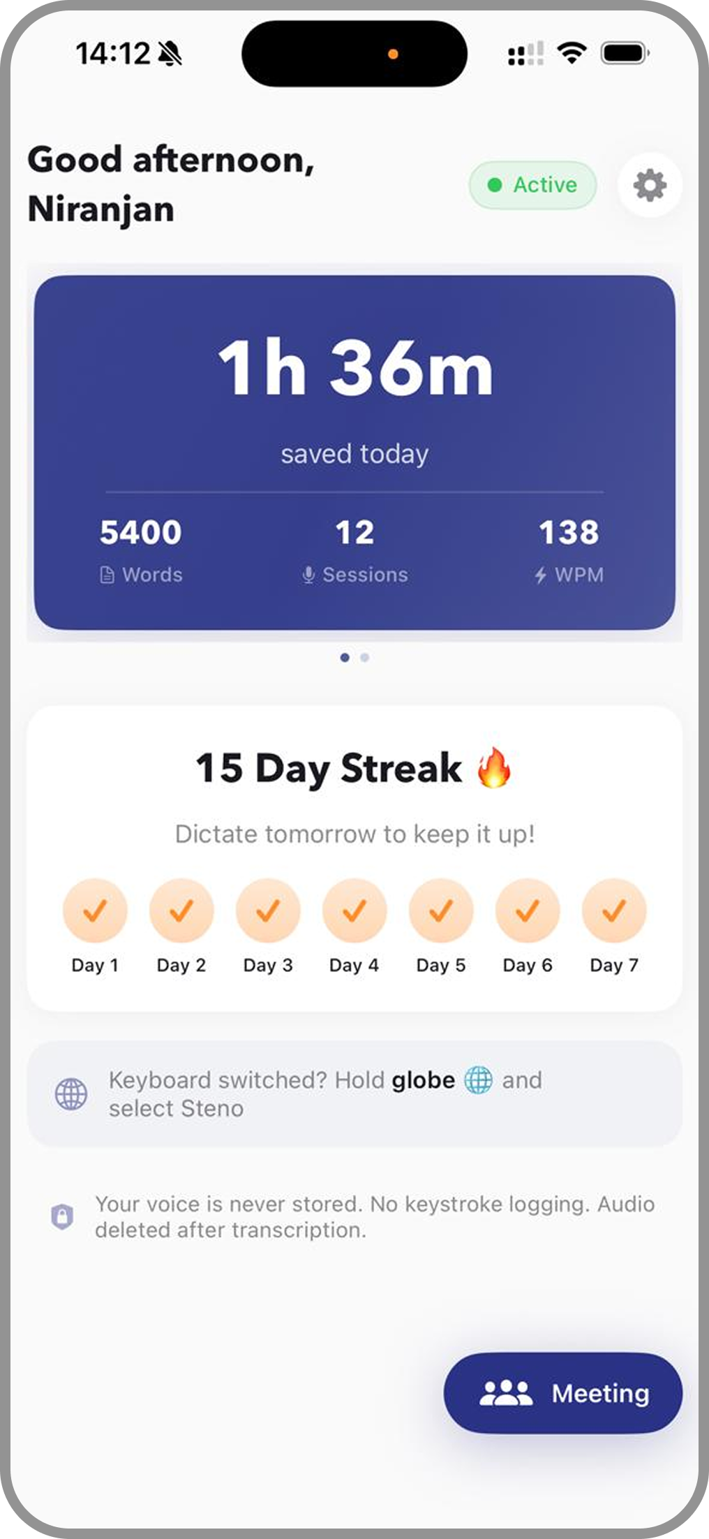 Steno Keyboard dashboard showing stats and streak